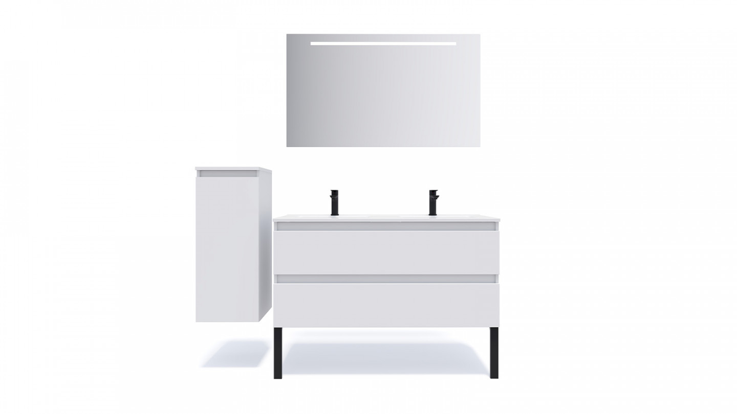 Meuble de salle de bain suspendu double vasque intégrée 120cm 2 tiroirs Blanc + miroir + colonne ouverture gauche - Rivage