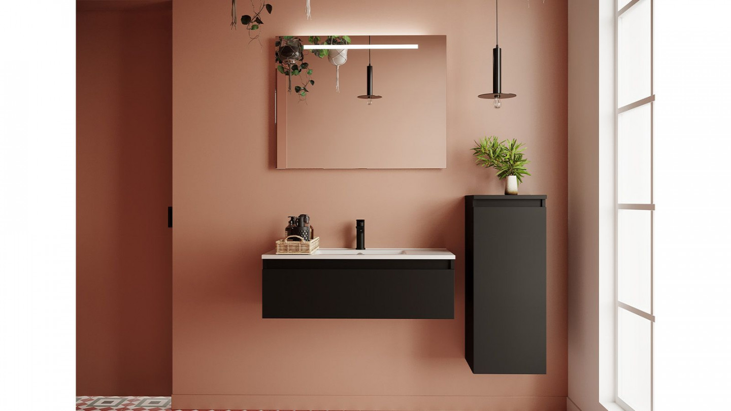 Meuble de salle de bain suspendu vasque intégrée 90cm 1 tiroir Noir + miroir + colonne ouverture droite - Rivage