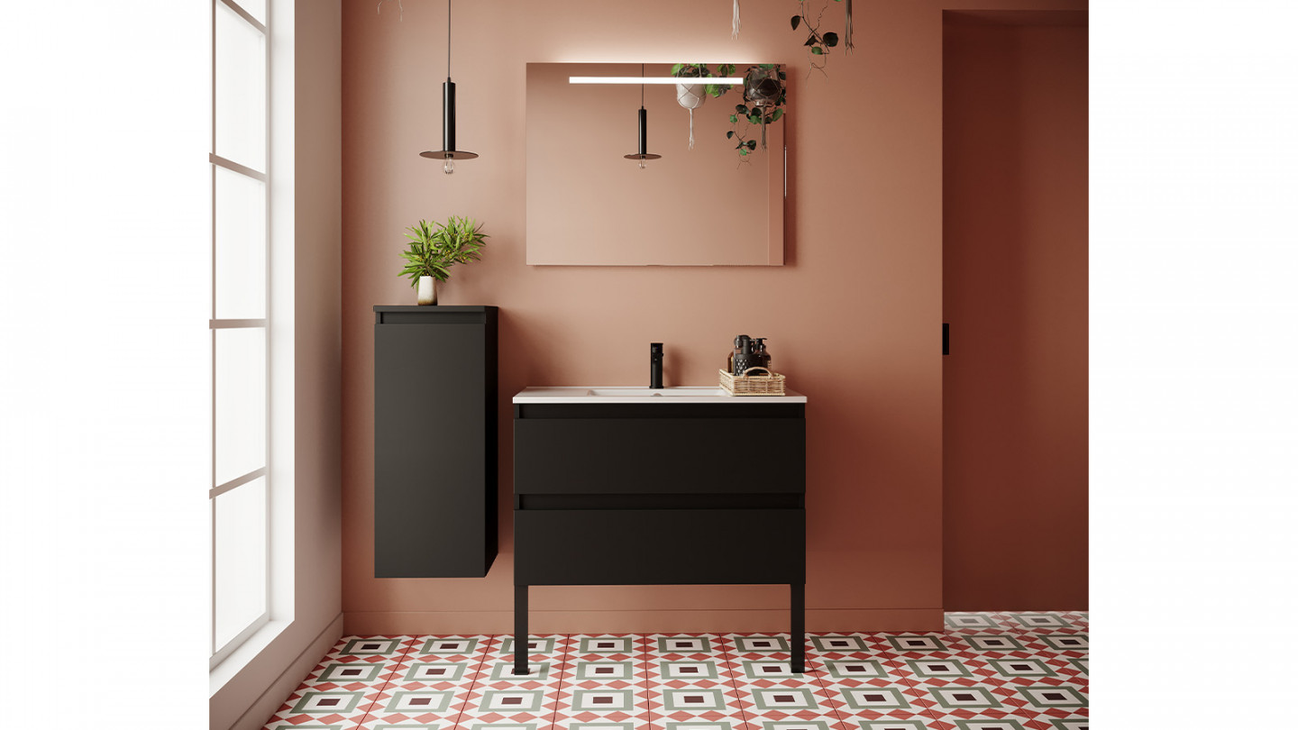 Meuble de salle de bain suspendu vasque intégrée 90cm 2 tiroirs Noir + miroir + colonne ouverture gauche - Rivage