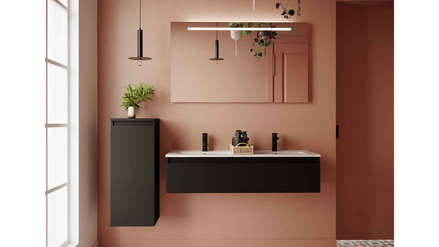 Meuble de salle de bain suspendu double vasque intégrée 120cm 1 tiroir Noir + miroir - Rivage