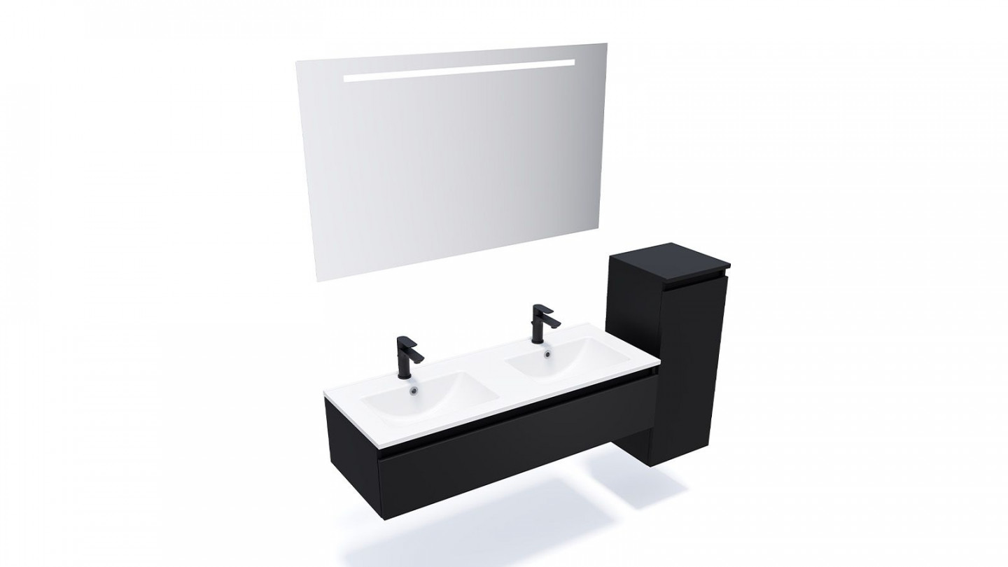 Meuble de salle de bain suspendu double vasque intégrée 120cm 1 tiroir Noir + miroir + colonne ouverture droite - Rivage