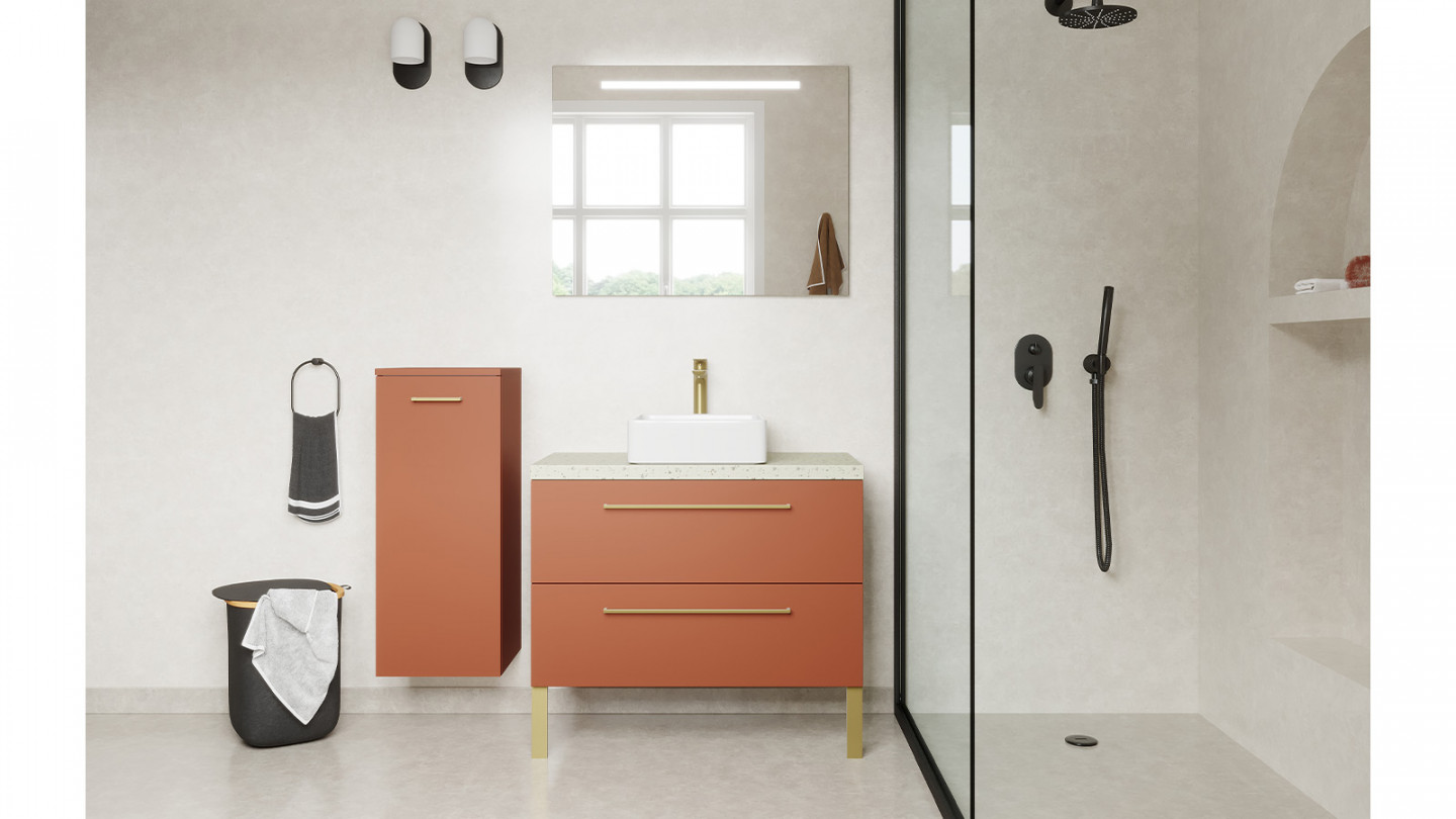 Meuble de salle de bain suspendu vasque à poser 90cm 2 tiroirs Terracotta + miroir - Osmose