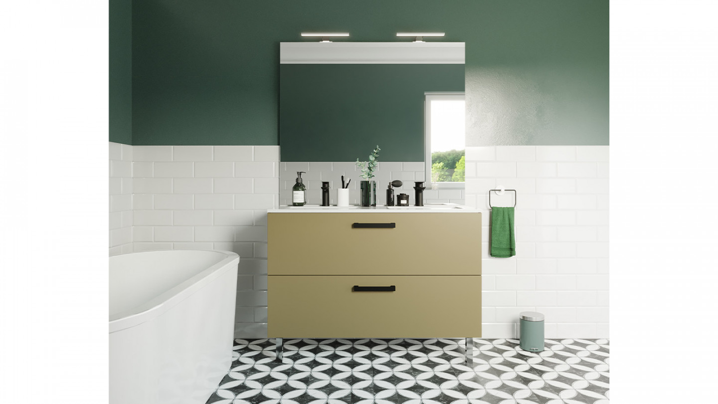 Meuble de salle de bain suspendu avec pieds double vasque intégrée 120cm 2 tiroirs Vert olive - Chango