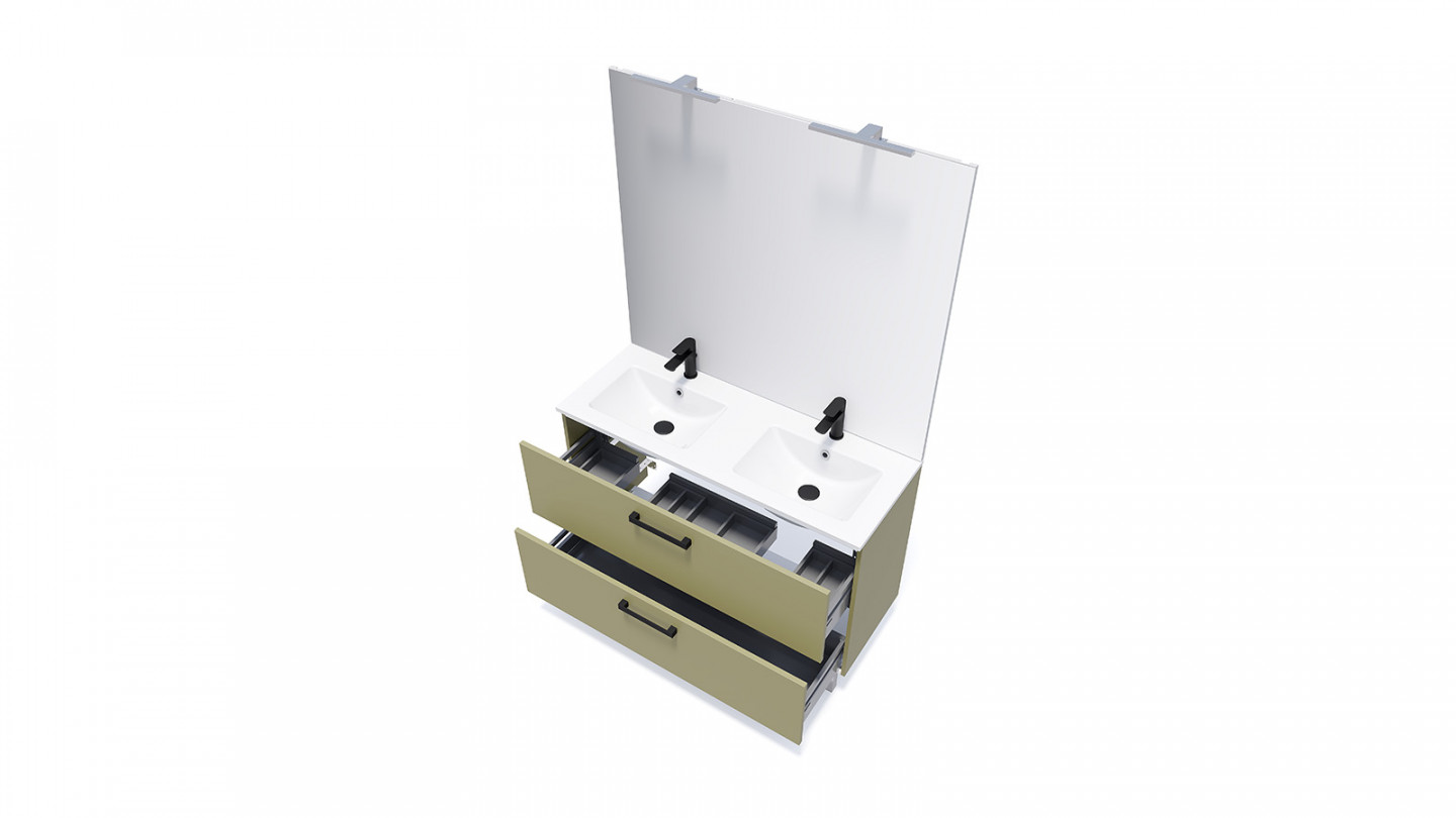 Meuble de salle de bain suspendu avec pieds double vasque intégrée 120cm 2 tiroirs Vert olive + miroir - Chango