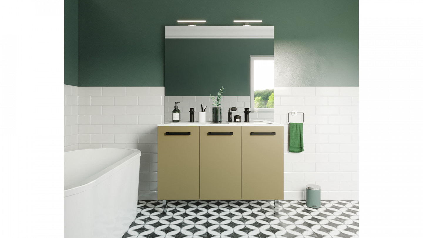 Meuble de salle de bain suspendu avec pieds double vasque intégrée 120cm 3 portes Vert olive - Chango