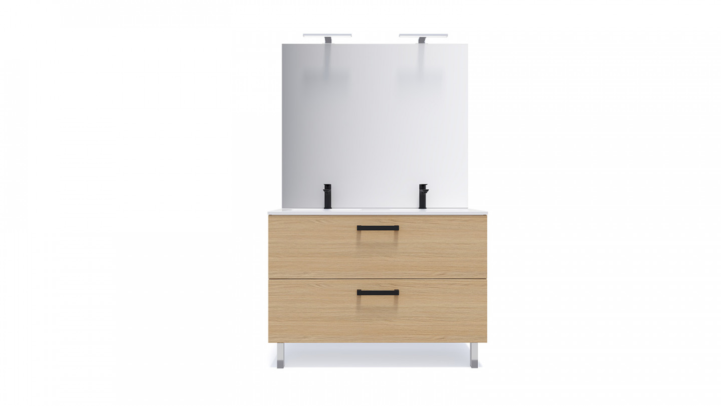 Meuble de salle de bain suspendu avec pieds double vasque intégrée 120cm 2 tiroirs Chêne clair - Chango