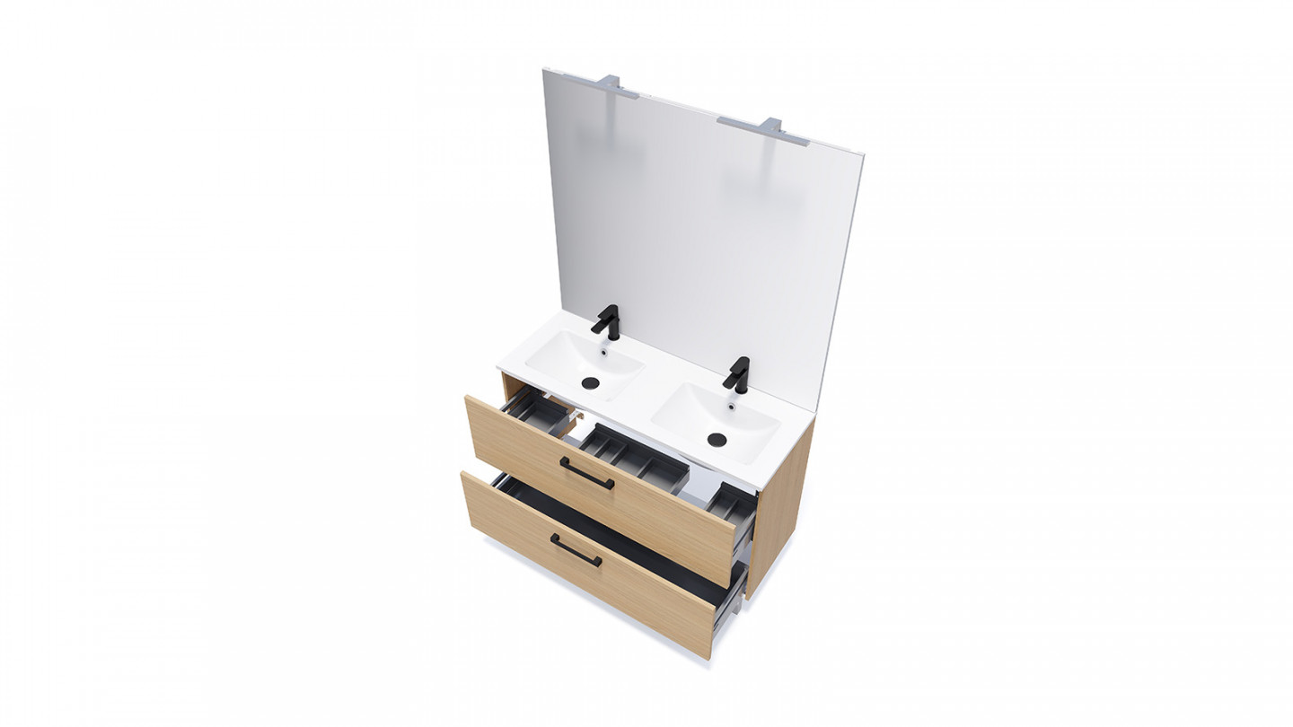 Meuble de salle de bain suspendu avec pieds double vasque intégrée 120cm 2 tiroirs Chêne clair + miroir - Chango
