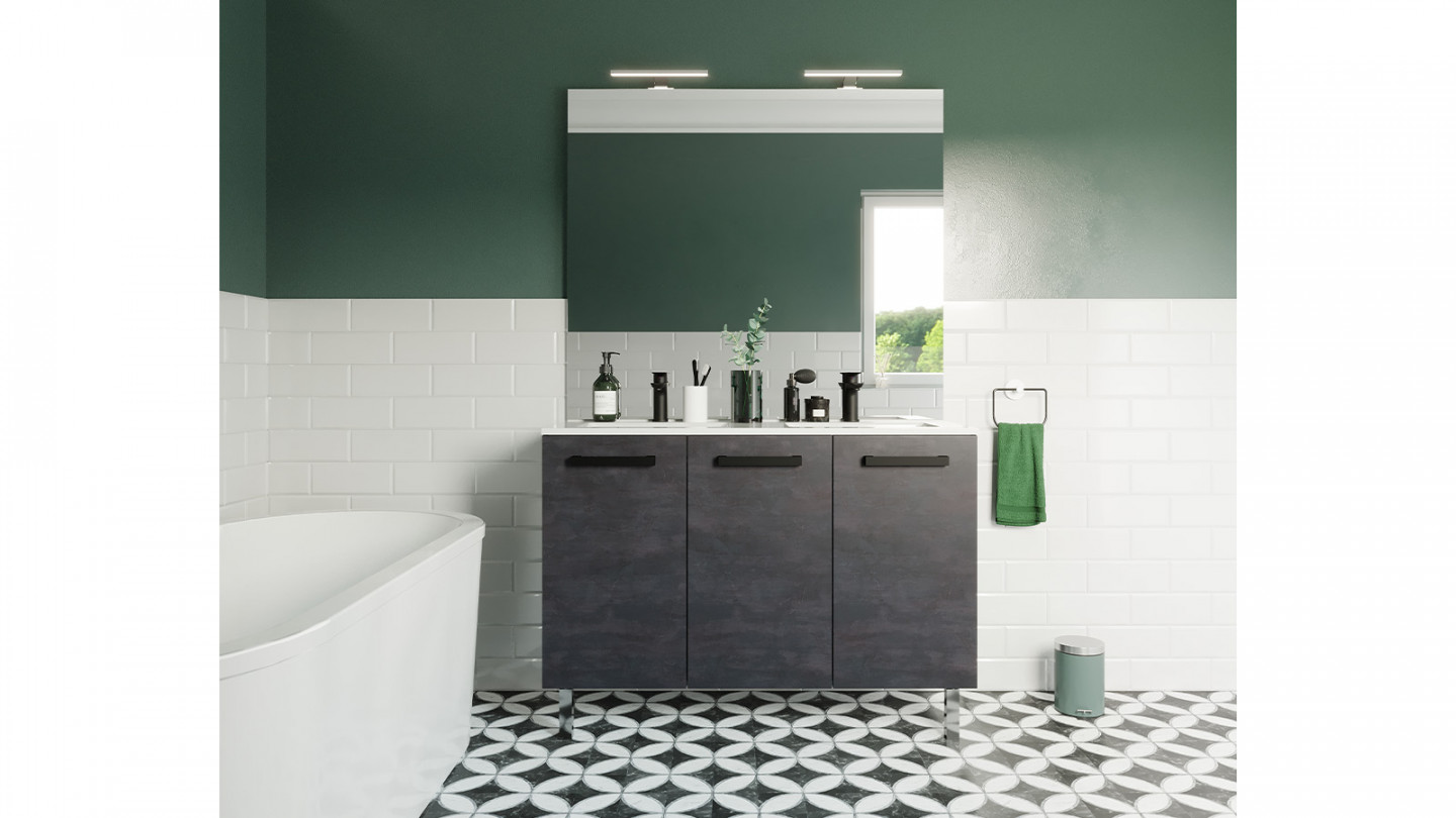 Meuble de salle de bain suspendu avec pieds double vasque intégrée 120cm 3 portes Ardoise métallisée + miroir - Chango