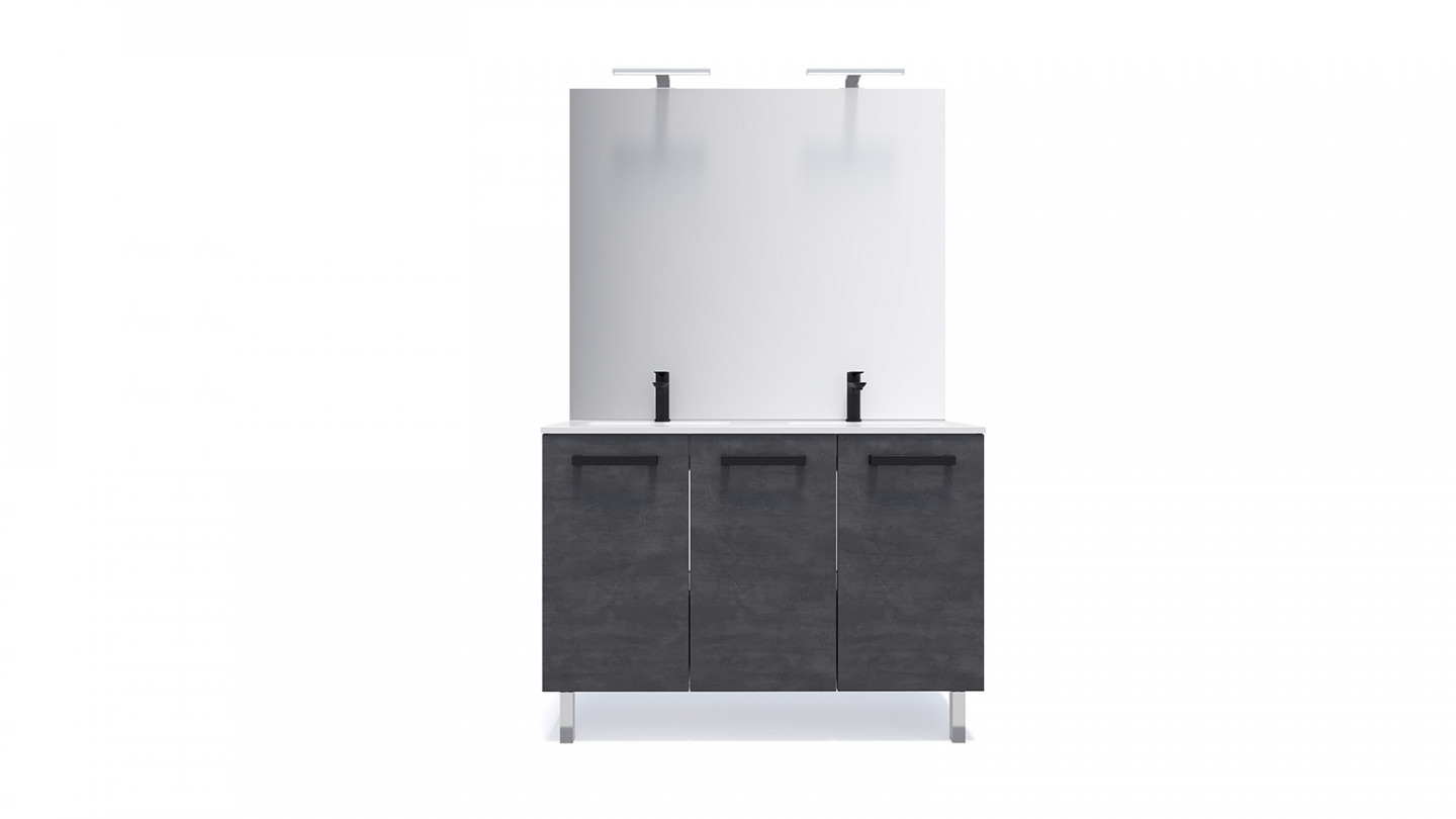 Meuble de salle de bain suspendu avec pieds double vasque intégrée 120cm 3 portes Ardoise métallisée + miroir - Chango