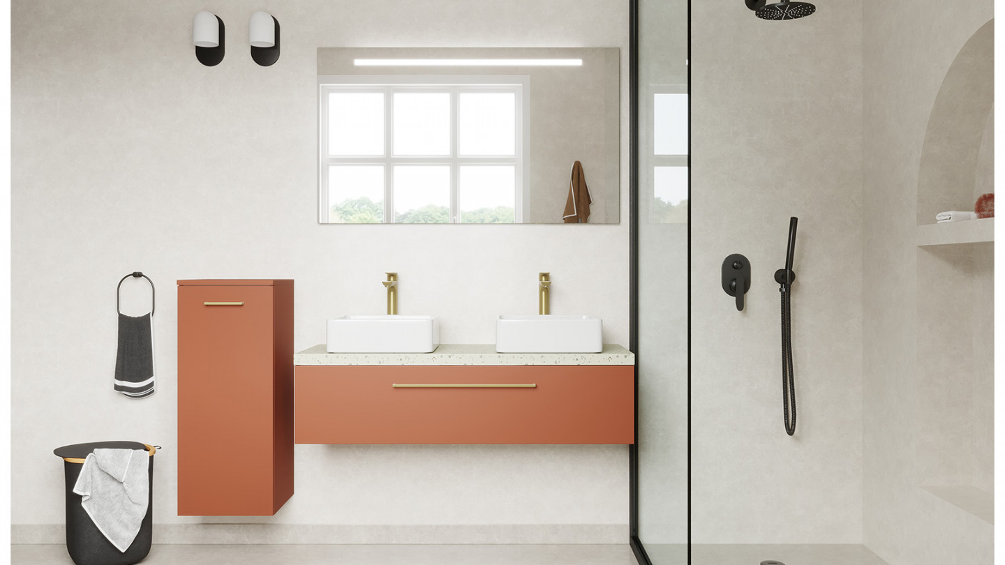 Meuble de salle de bain suspendu 2 vasques à poser 120cm 1 tiroir Terracotta + miroir + colonne ouverture gauche - Osmose