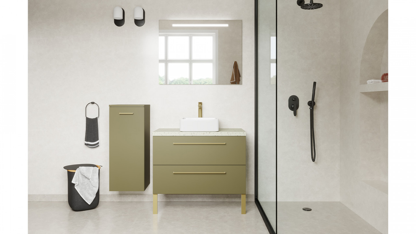 Meuble de salle de bain suspendu vasque à poser 90cm 2 tiroirs Vert olive + miroir - Osmose