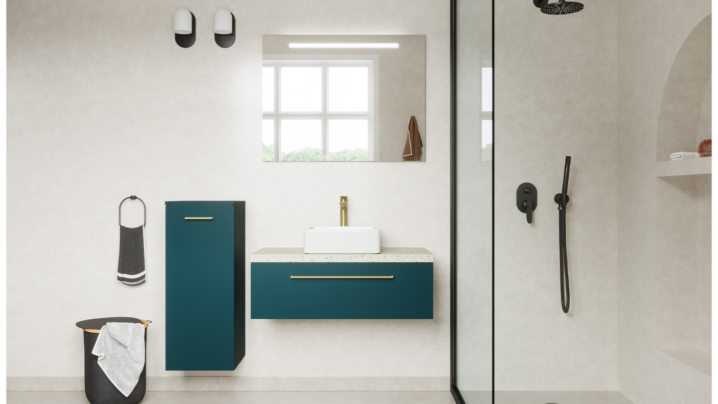 Meuble de salle de bain suspendu vasque à poser 90cm 1 tiroir Bleu + miroir - Osmose