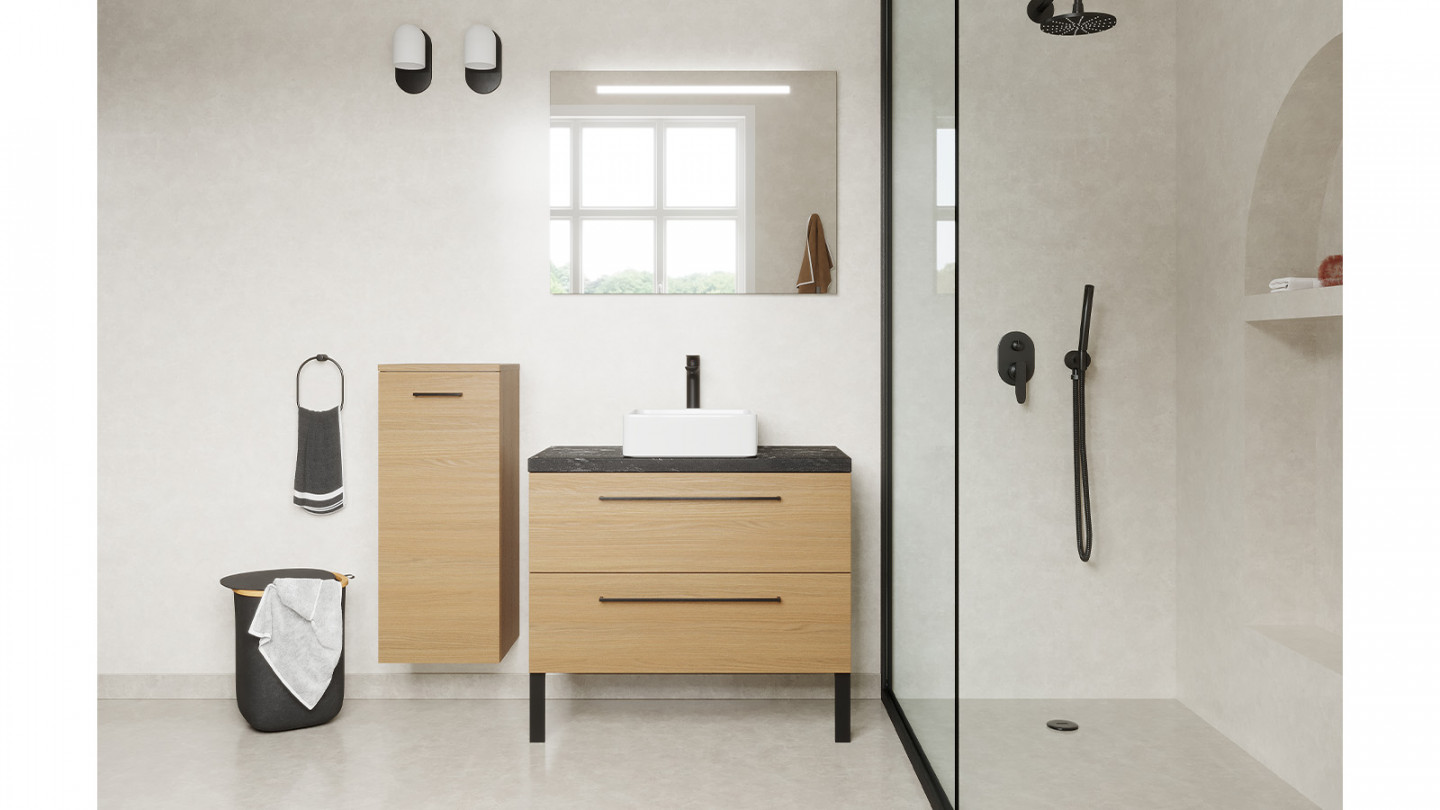 Meuble de salle de bain suspendu vasque à poser 90cm 2 tiroirs Chêne clair + miroir + colonne ouverture gauche - Osmose
