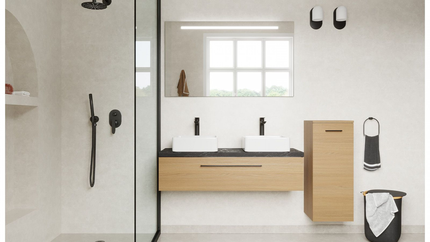 Meuble de salle de bain suspendu 2 vasques à poser 120cm 1 tiroir Chêne clair + miroir + colonne ouverture droite - Osmose