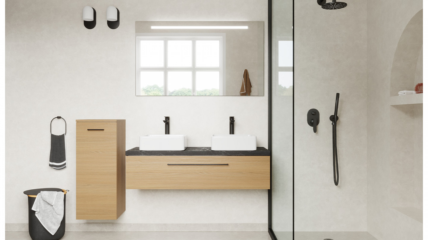 Meuble de salle de bain suspendu 2 vasques à poser 120cm 1 tiroir Chêne clair + miroir + colonne ouverture gauche - Osmose