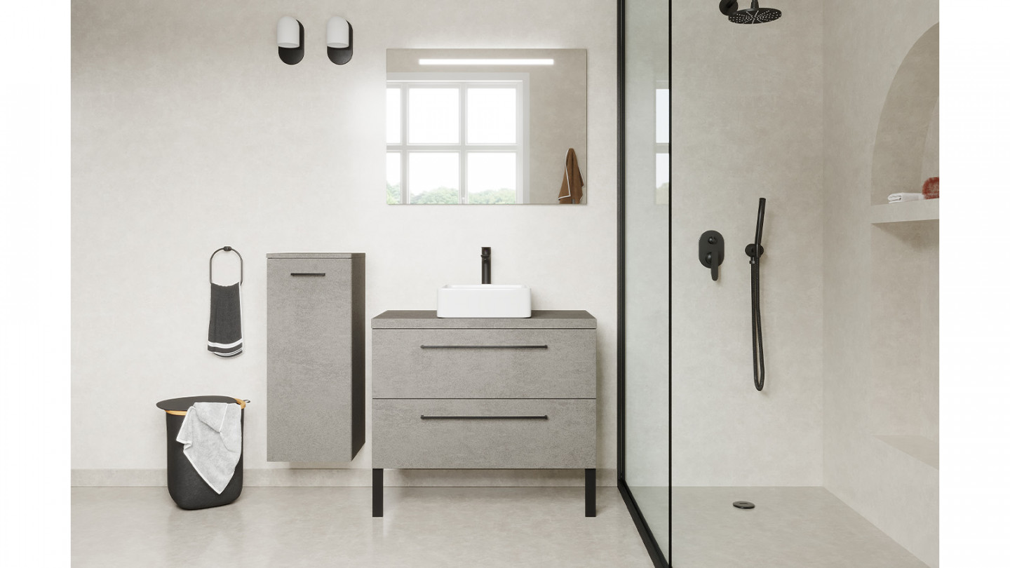 Meuble de salle de bain suspendu vasque à poser 90cm 2 tiroirs façon Béton + miroir + colonne ouverture gauche - Osmose
