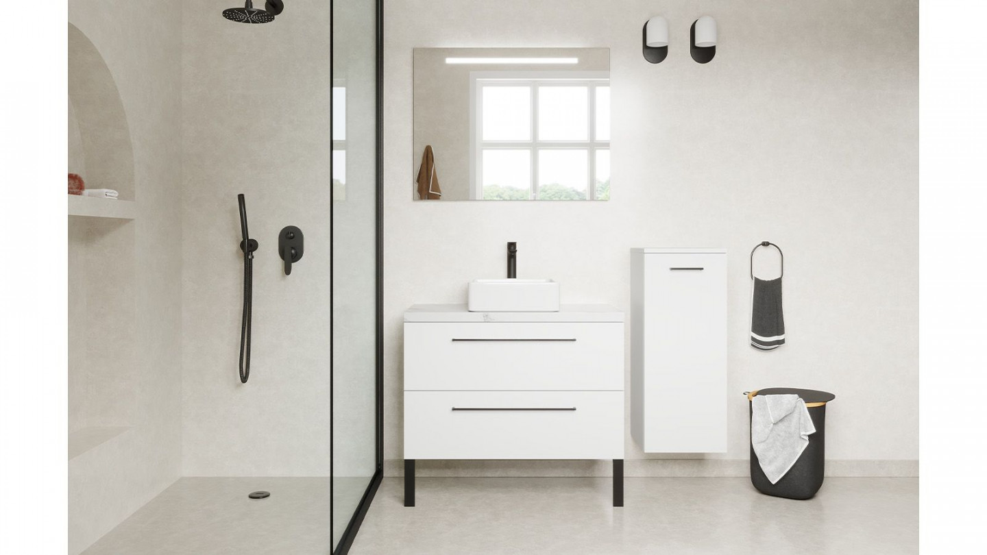 Meuble de salle de bain suspendu vasque à poser 90cm 2 tiroirs Blanc + miroir + colonne ouverture droite - Osmose