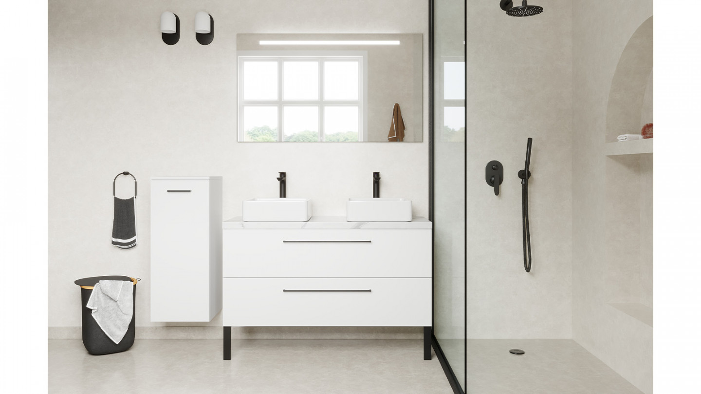 Meuble de salle de bain suspendu 2 vasques à poser 120cm 2 tiroirs Blanc + miroir - Osmose