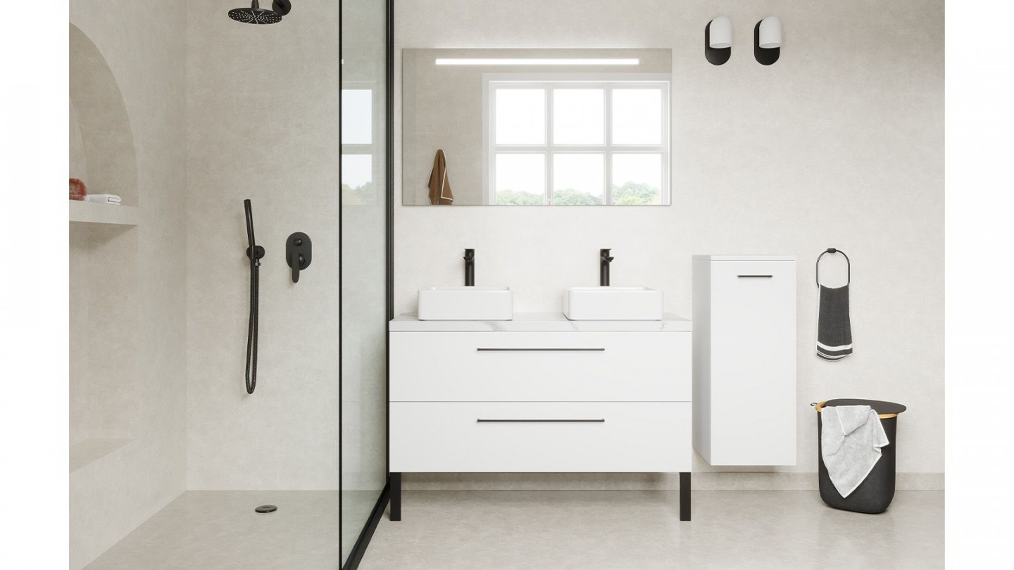 Meuble de salle de bain suspendu 2 vasques à poser 120cm 2 tiroirs Blanc + miroir + colonne ouverture droite - Osmose