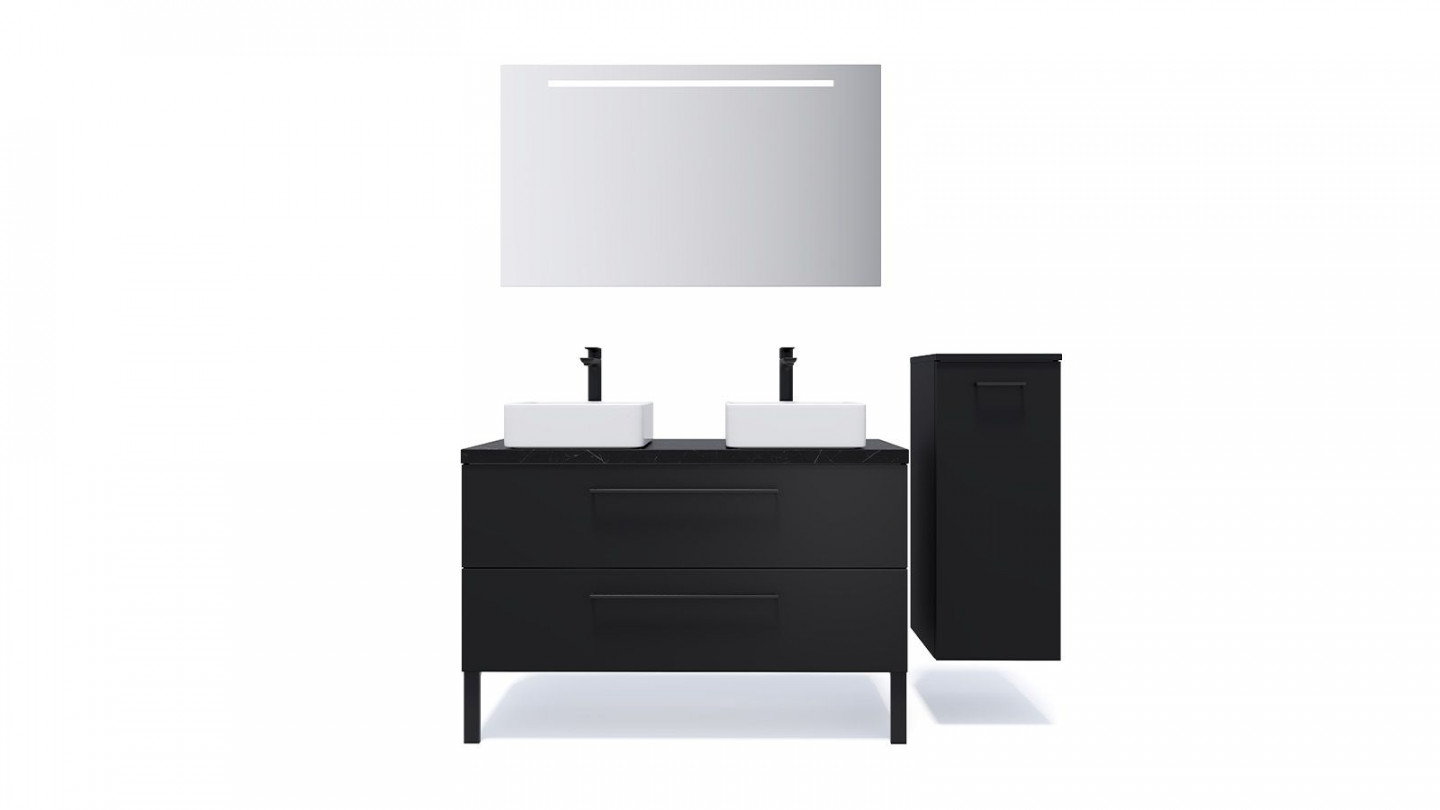 Meuble de salle de bain suspendu 2 vasques à poser 120cm 2 tiroirs Noir + miroir + colonne ouverture droite - Osmose