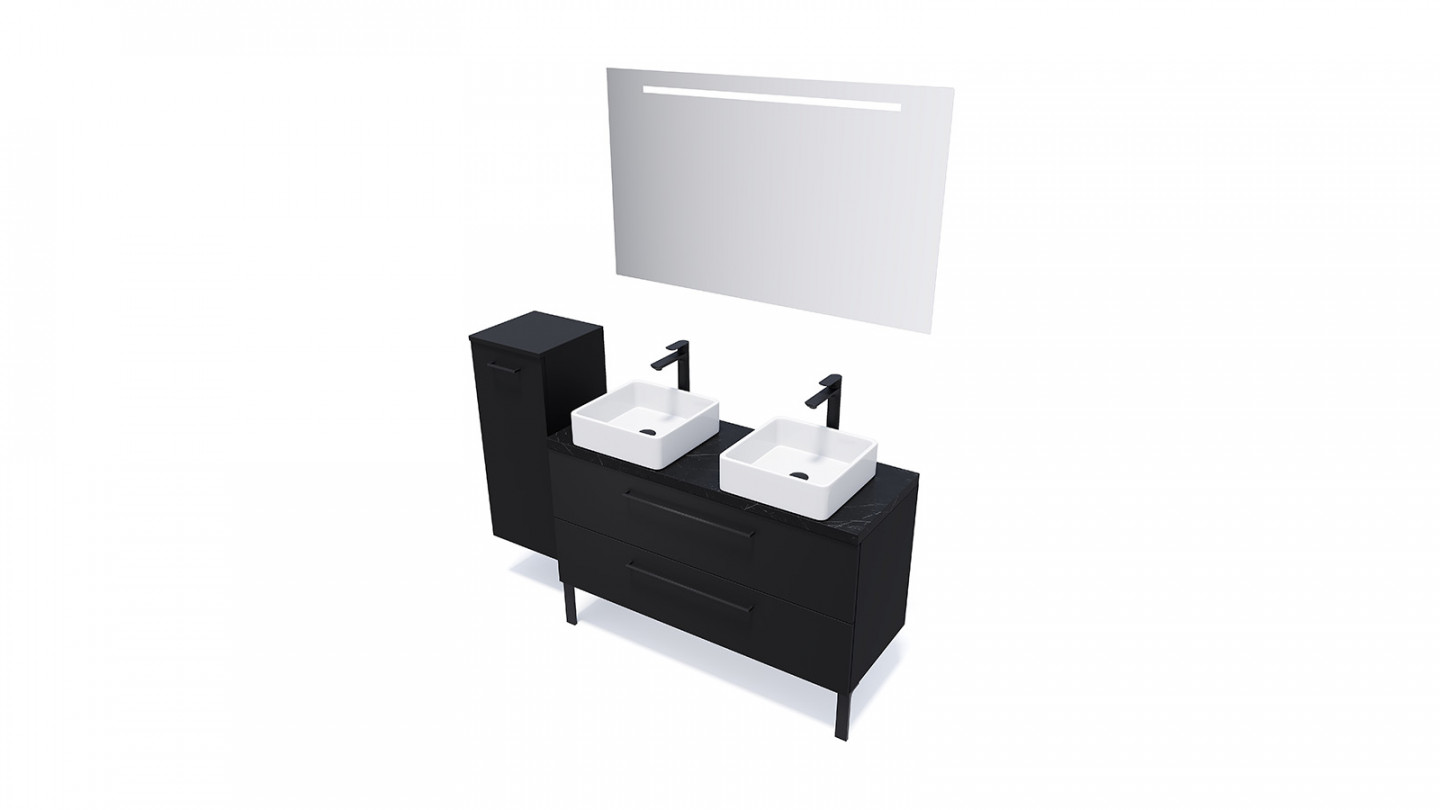 Meuble de salle de bain suspendu 2 vasques à poser 120cm 2 tiroirs Noir + miroir + colonne ouverture gauche - Osmose