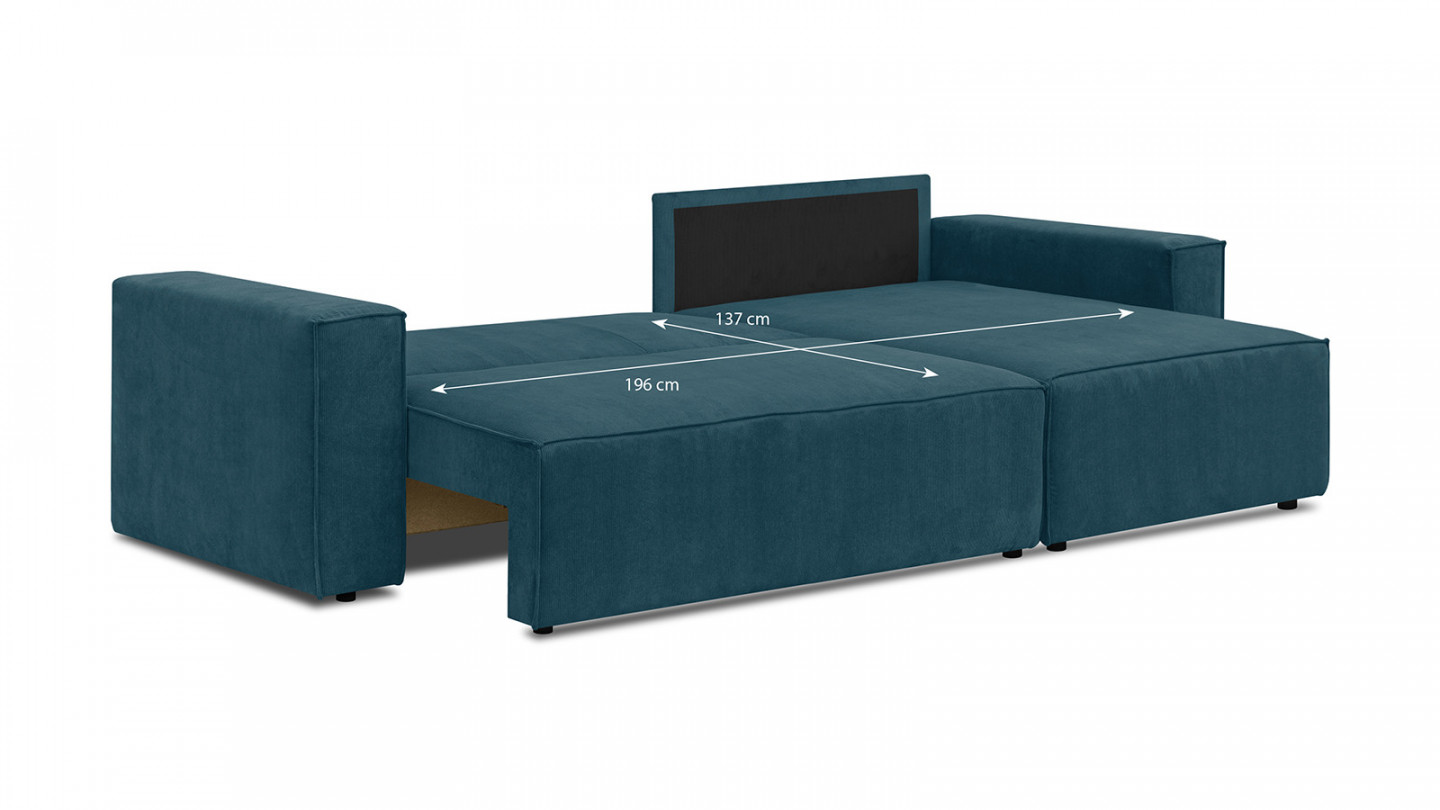 Canapé d'angle convertible réversible 4 places avec coffre de rangement en velours fines côtes bleu nuit - Livia New