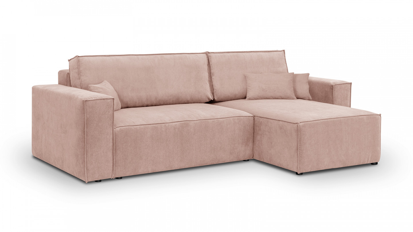 Canapé d'angle convertible réversible 4 places avec coffre de rangement en velours fines côtes rose pâle - Livia New