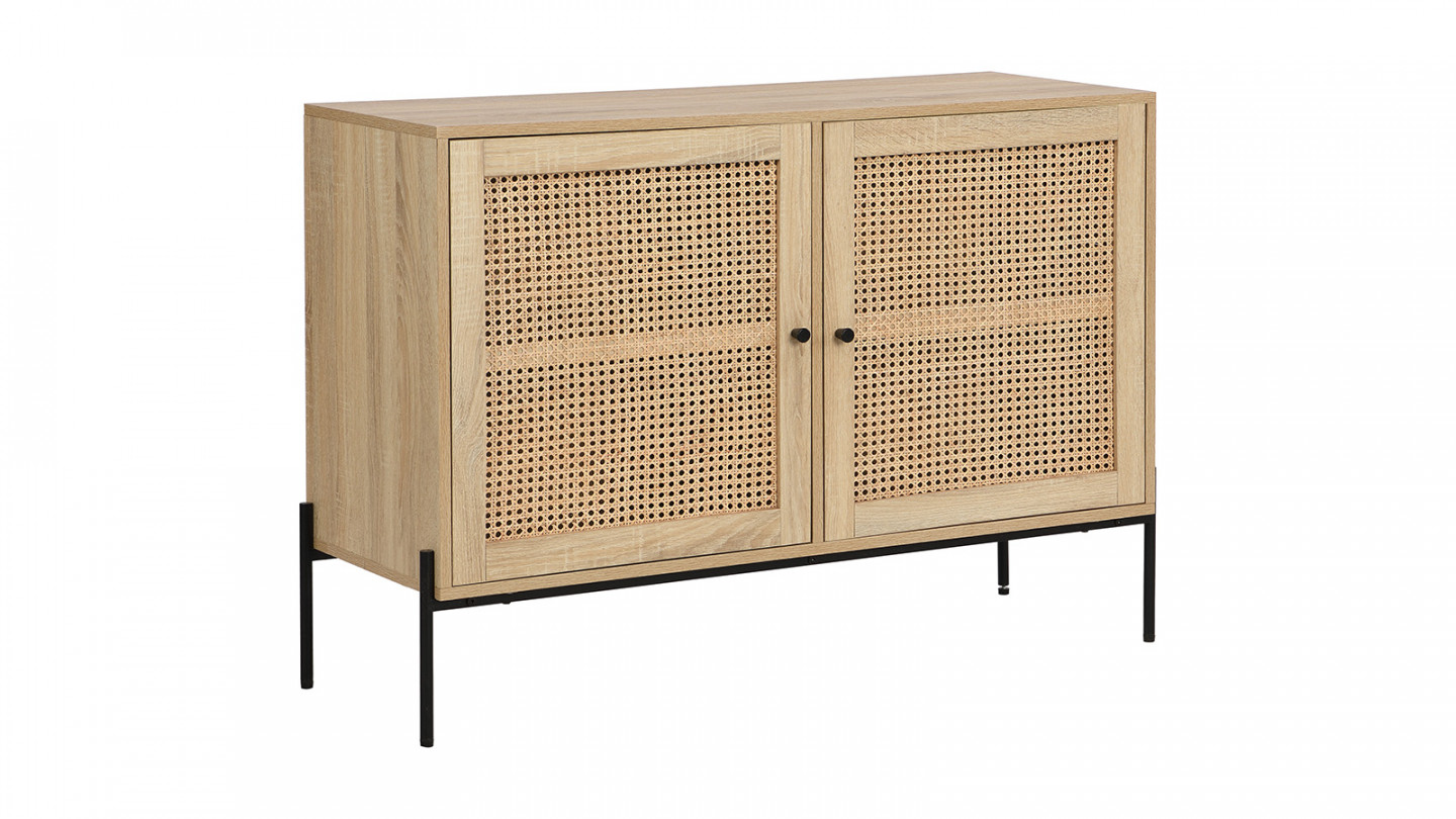 Buffet 2 portes en cannage naturel et effet chêne 110 cm - Iris