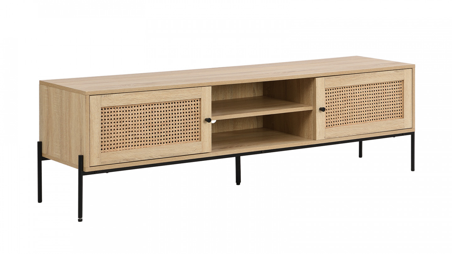 Meuble TV 2 portes en cannage naturel et effet chêne 160 cm - Iris Meuble TV 2 portes en cannage naturel et effet chêne 160 cm - Iris