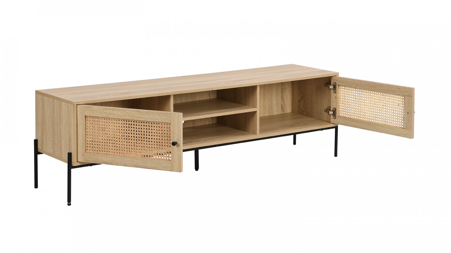 Meuble TV 2 portes en cannage naturel et effet chêne 160 cm - Iris Meuble TV 2 portes en cannage naturel et effet chêne 160 cm - Iris