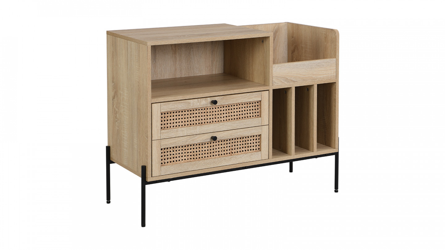 Meuble range vinyles 2 tiroirs en cannage naturel et effet chêne 90 cm - Iris