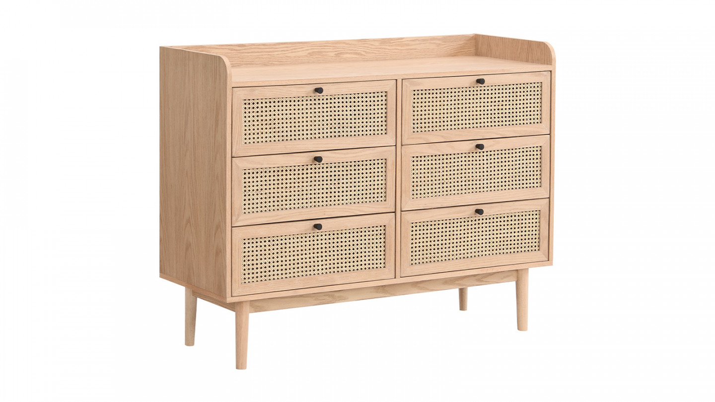 Commode 6 tiroirs en cannage naturel et placage chêne 120 cm - Eden