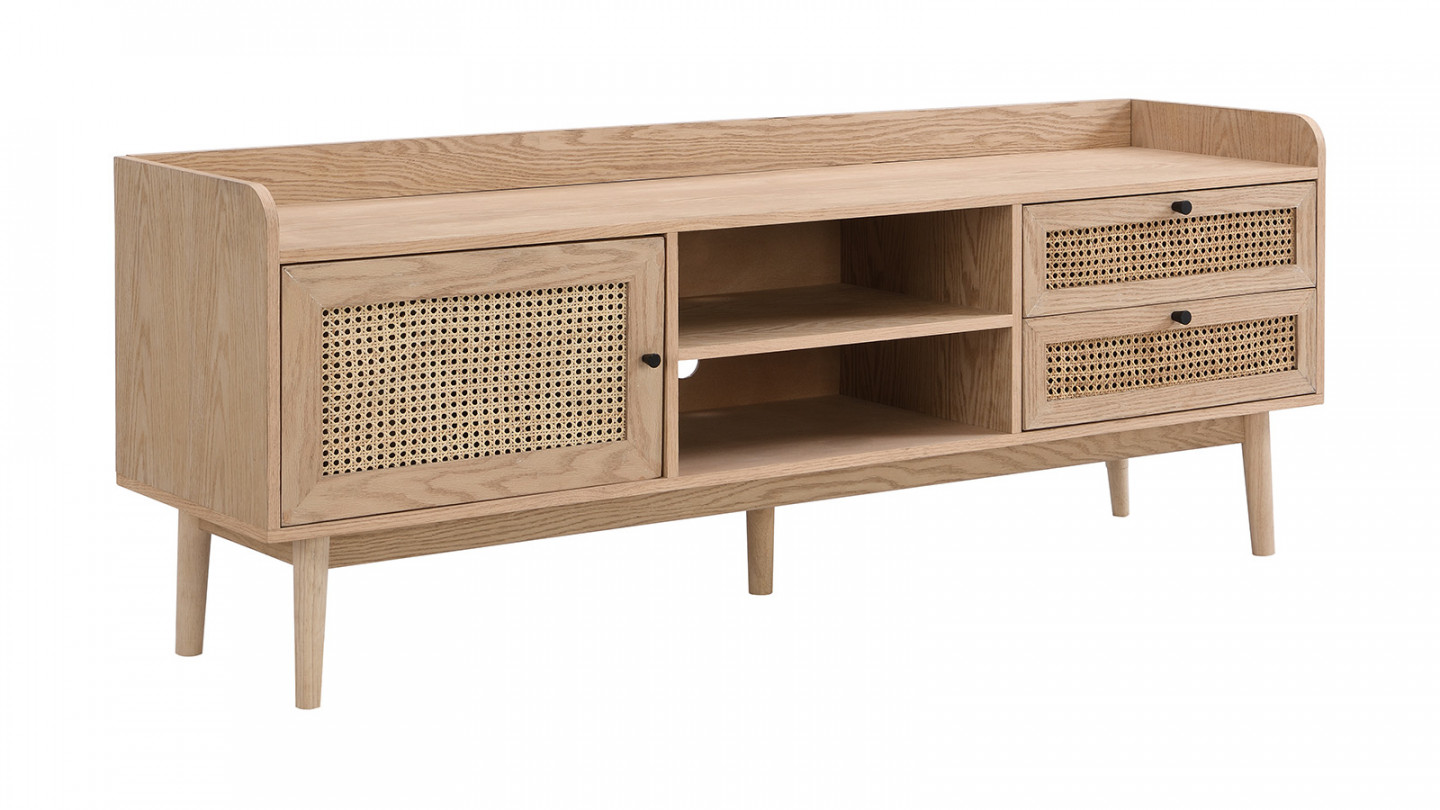 Meuble TV 1 porte 2 tiroirs en cannage naturel et placage chêne 160 cm - Eden