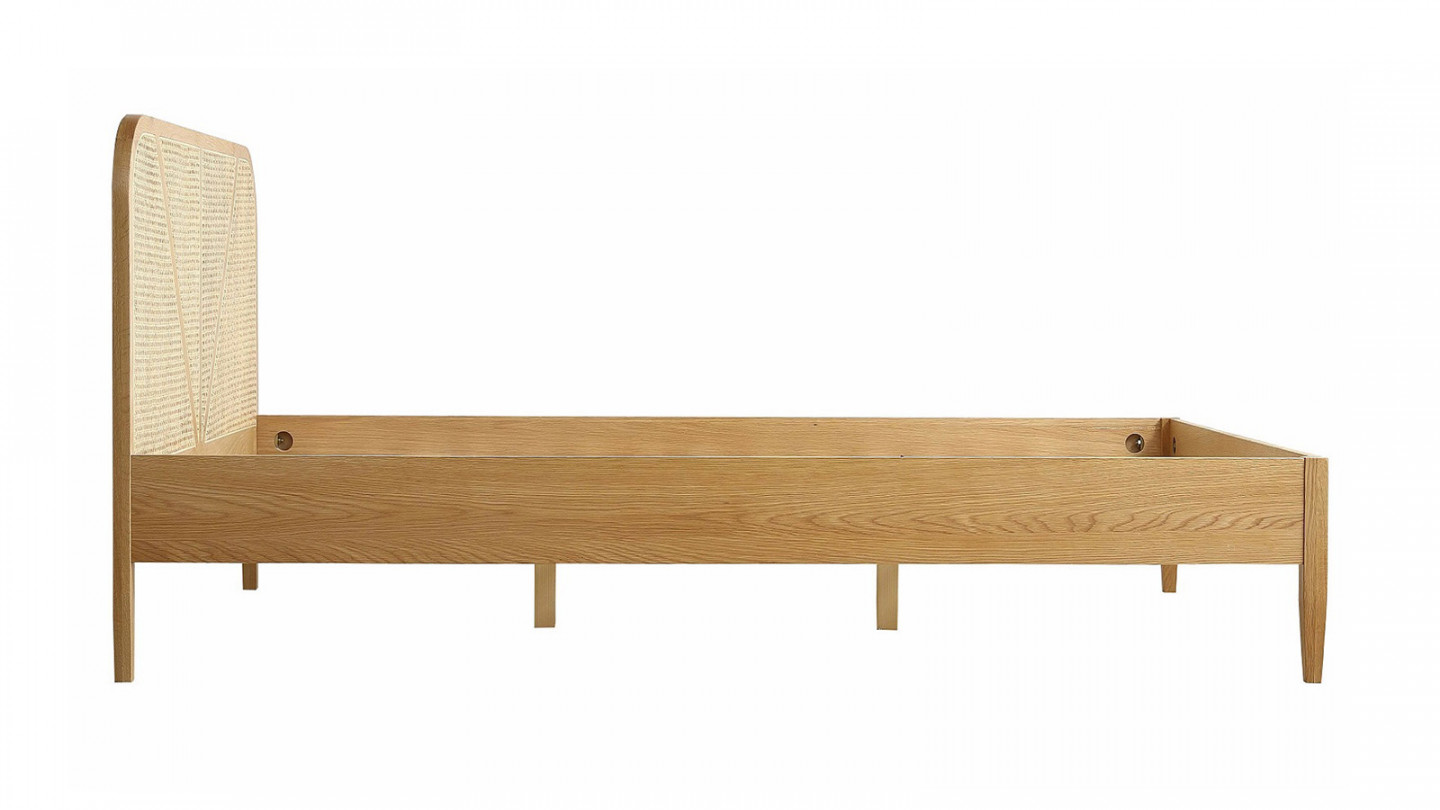 Lit adulte 140x190 cm en placage chêne avec tête de lit en bois massif et cannage naturel - Leonie