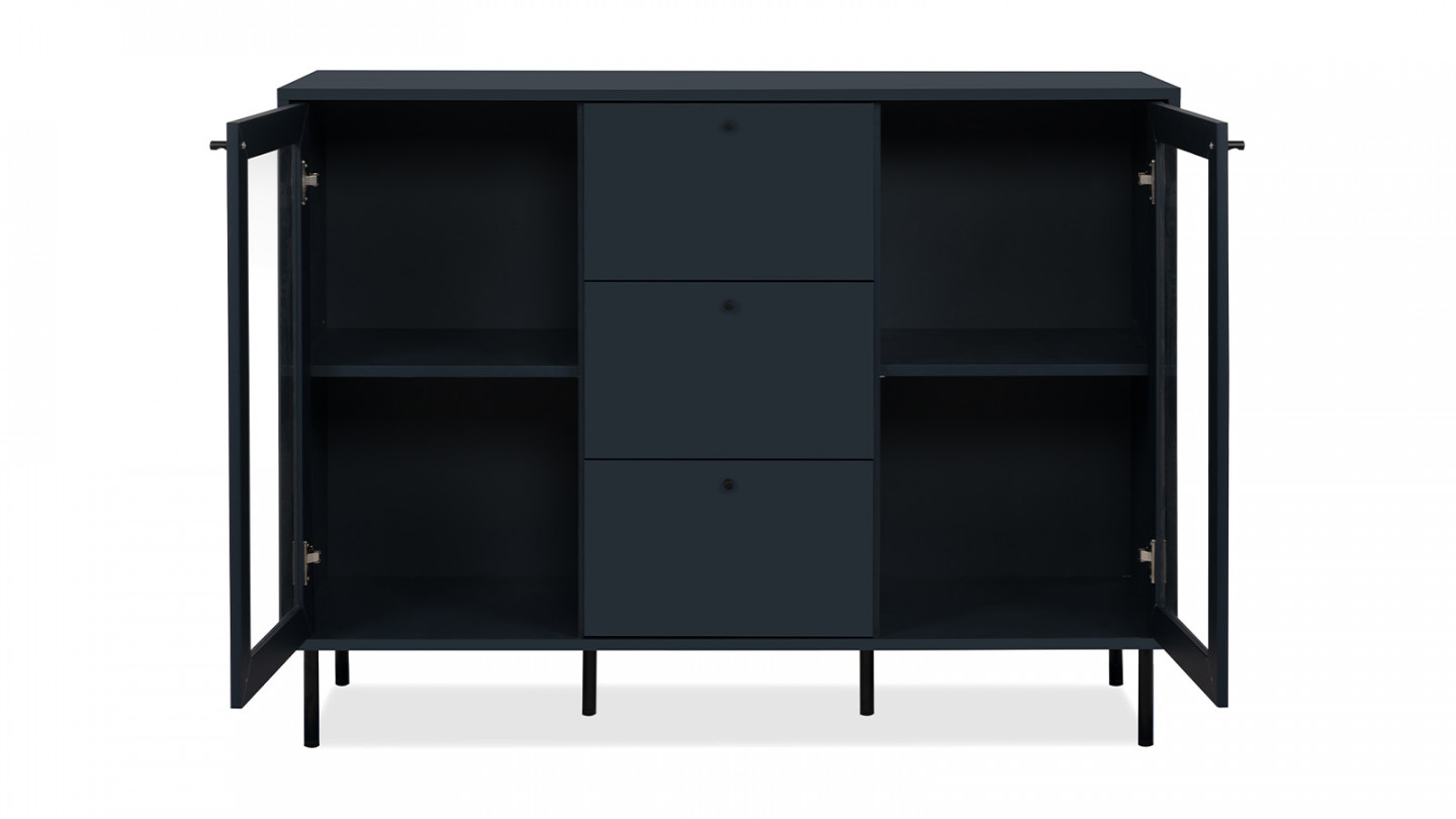 Buffet 2 portes vitrées 3 tiroirs bleu nuit 120 cm - Agata