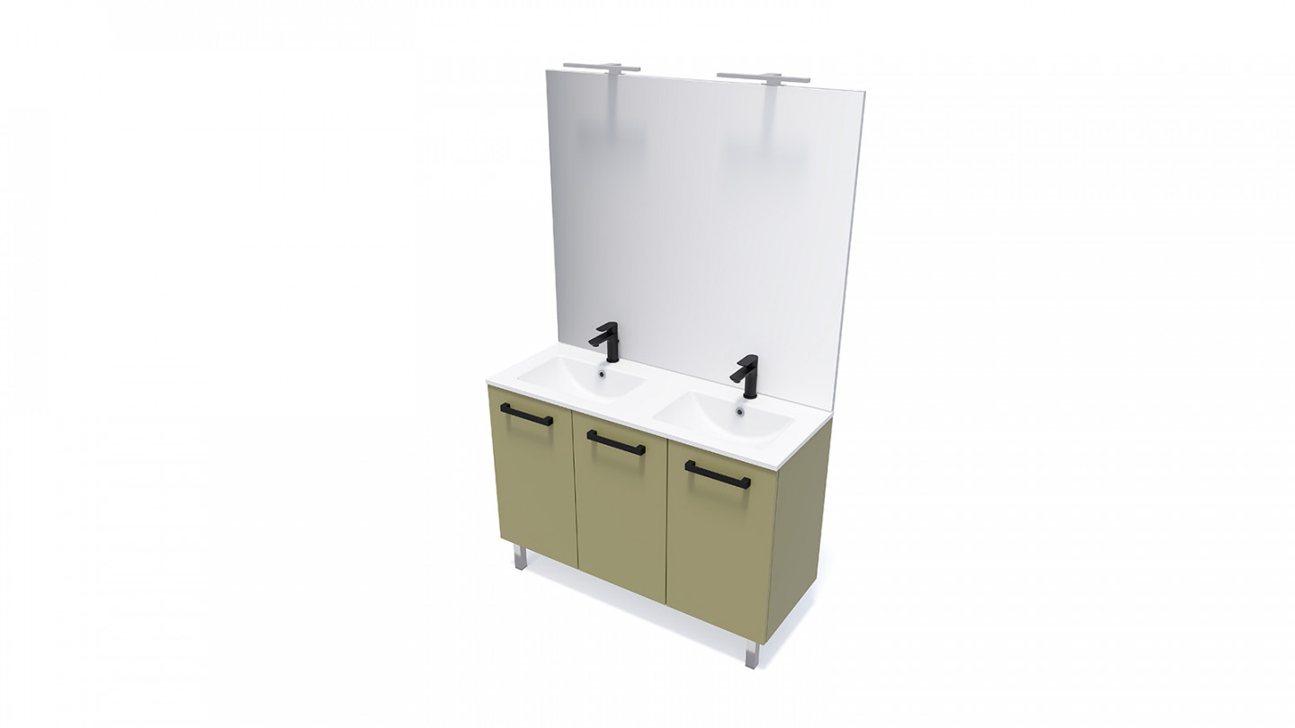 Meuble de salle de bain suspendu avec pieds double vasque intégrée 120cm 3 portes Vert olive + miroir - Chango