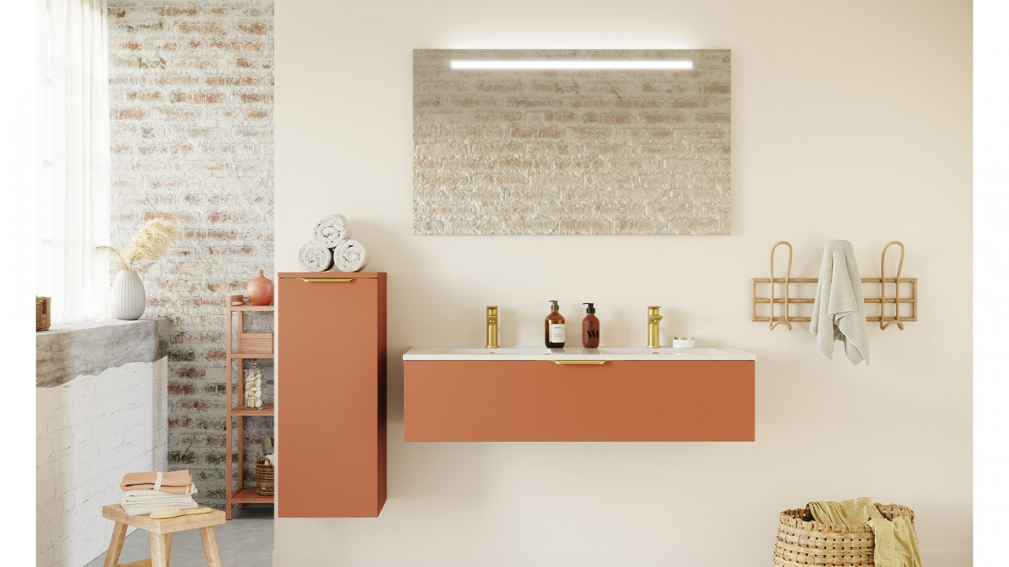 Meuble de salle de bain suspendu double vasque intégrée 120cm 1 tiroir Terracotta + miroir - Swing