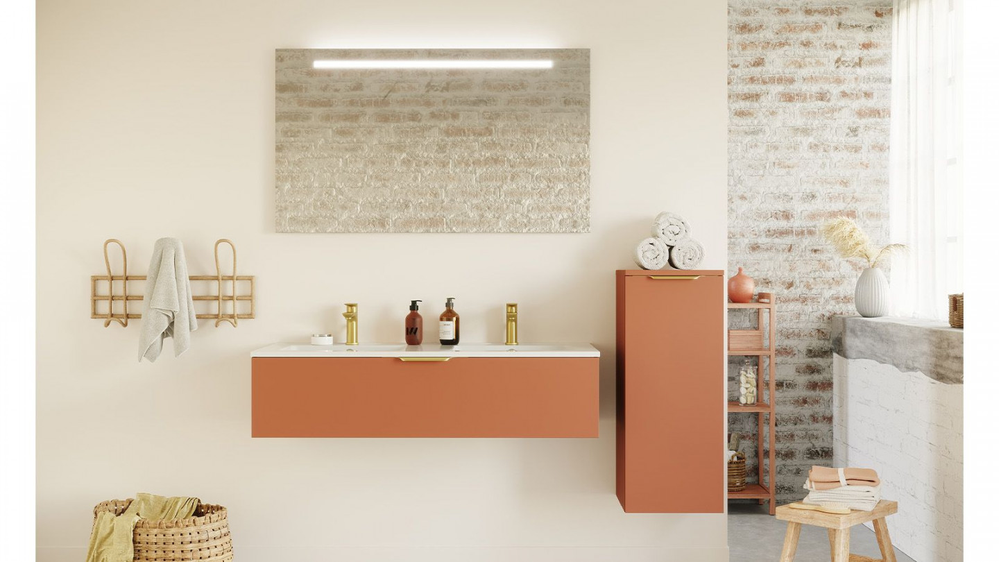 Meuble de salle de bain suspendu double vasque intégrée 120cm 1 tiroir Terracotta + miroir + colonne ouverture droite - Swing