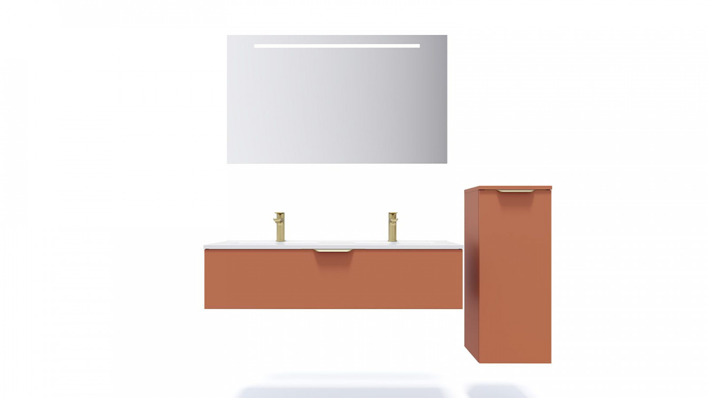 Meuble de salle de bain suspendu double vasque intégrée 120cm 1 tiroir Terracotta + miroir + colonne ouverture droite - Swing