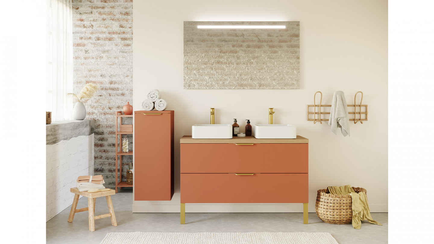 Meuble de salle de bain suspendu 2 vasques à poser 120cm 2 tiroirs Terracotta + miroir - Swing