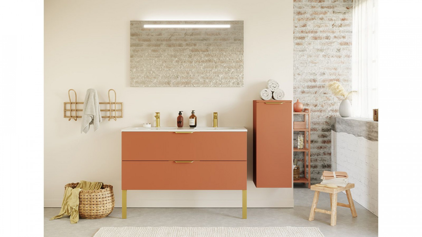 Meuble de salle de bain suspendu double vasque intégrée 120cm 2 tiroirs Terracotta + miroir + colonne ouverture droite - Swing