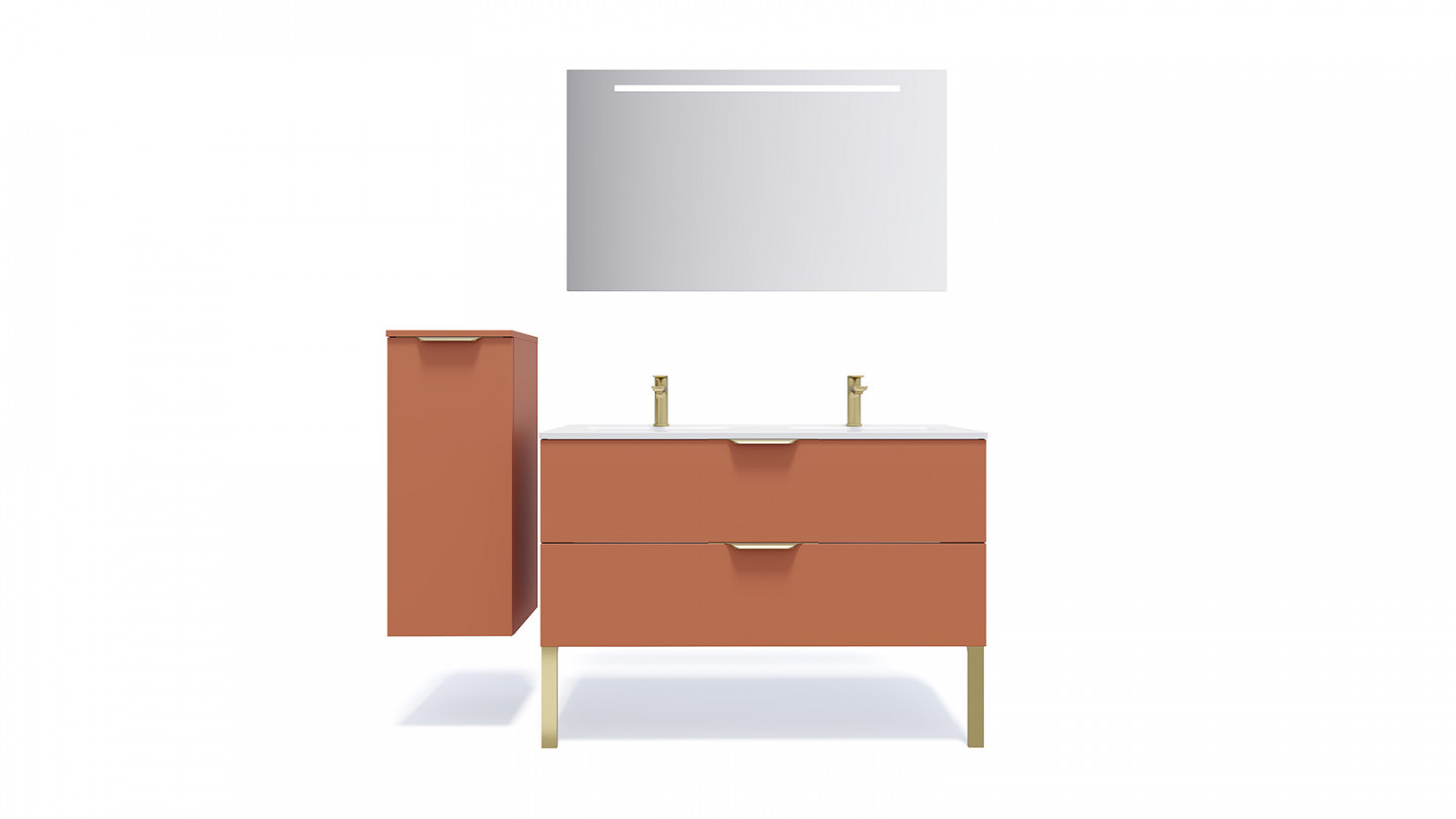 Meuble de salle de bain suspendu double vasque intégrée 120cm 2 tiroirs Terracotta + miroir + colonne ouverture gauche - Swing