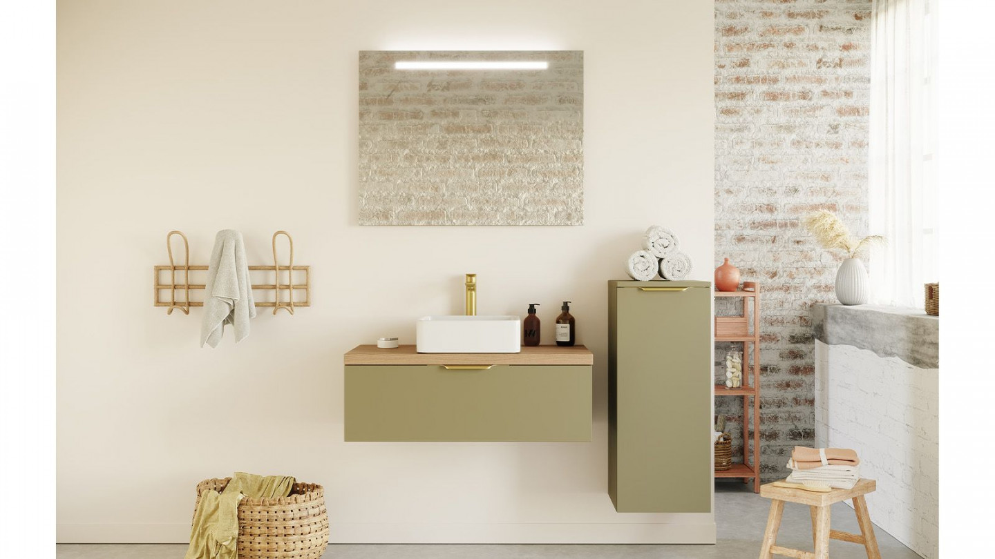 Meuble de salle de bain suspendu vasque à poser 90cm 1 tiroir Vert olive + miroir + colonne ouverture droite - Swing