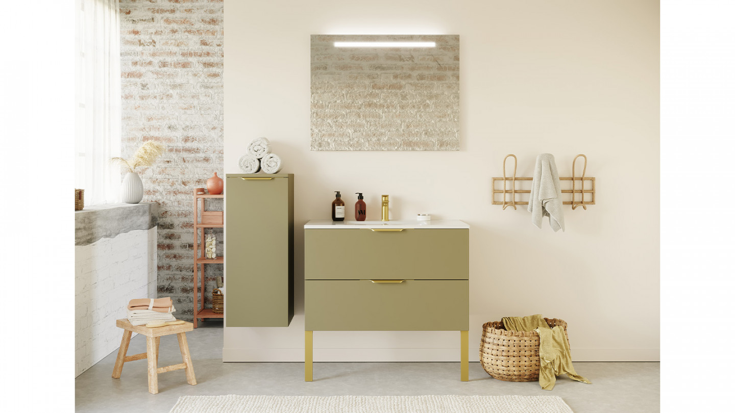 Meuble de salle de bain suspendu vasque intégrée 90cm 2 tiroirs Vert olive + miroir - Swing