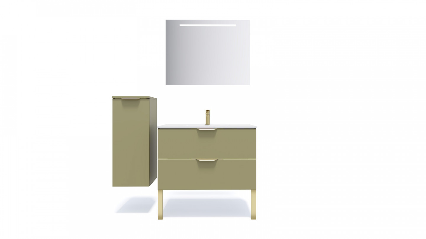 Meuble de salle de bain suspendu vasque intégrée 90cm 2 tiroirs Vert olive + miroir - Swing