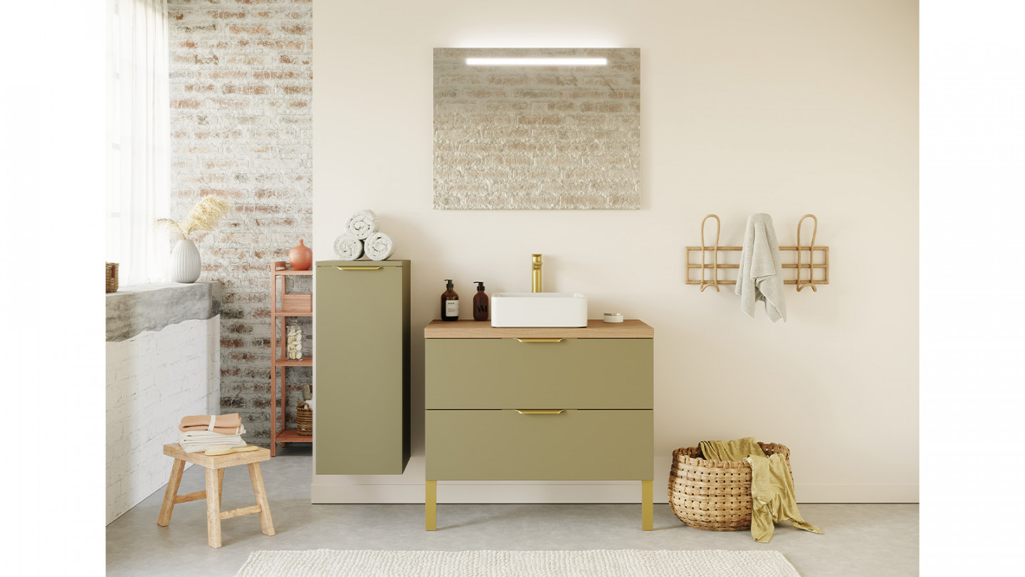 Meuble de salle de bain suspendu vasque à poser 90cm 2 tiroirs Vert olive + miroir + colonne ouverture gauche - Swing