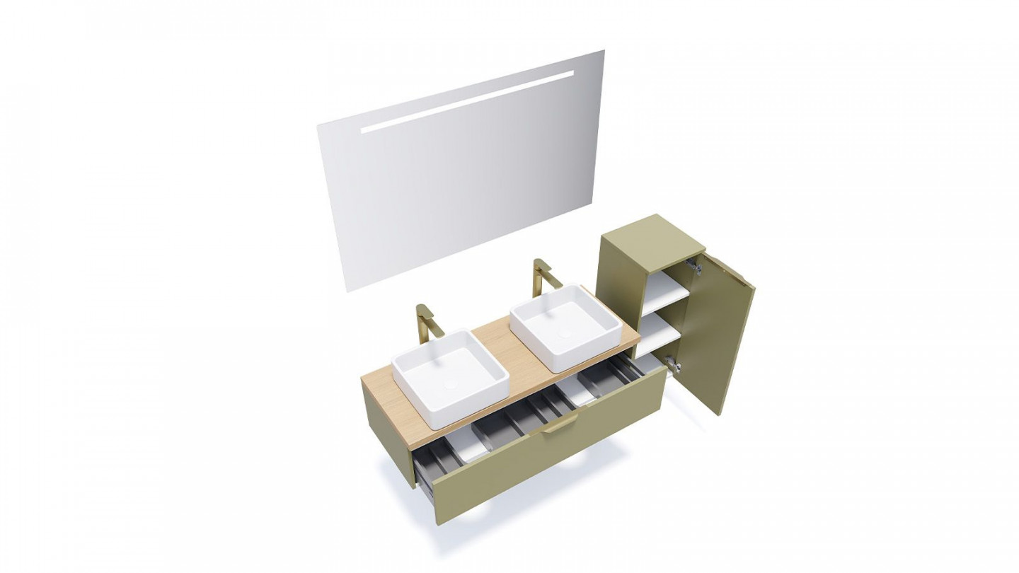 Meuble de salle de bain suspendu 2 vasques à poser 120cm 1 tiroir Vert olive + miroir + colonne ouverture droite - Swing