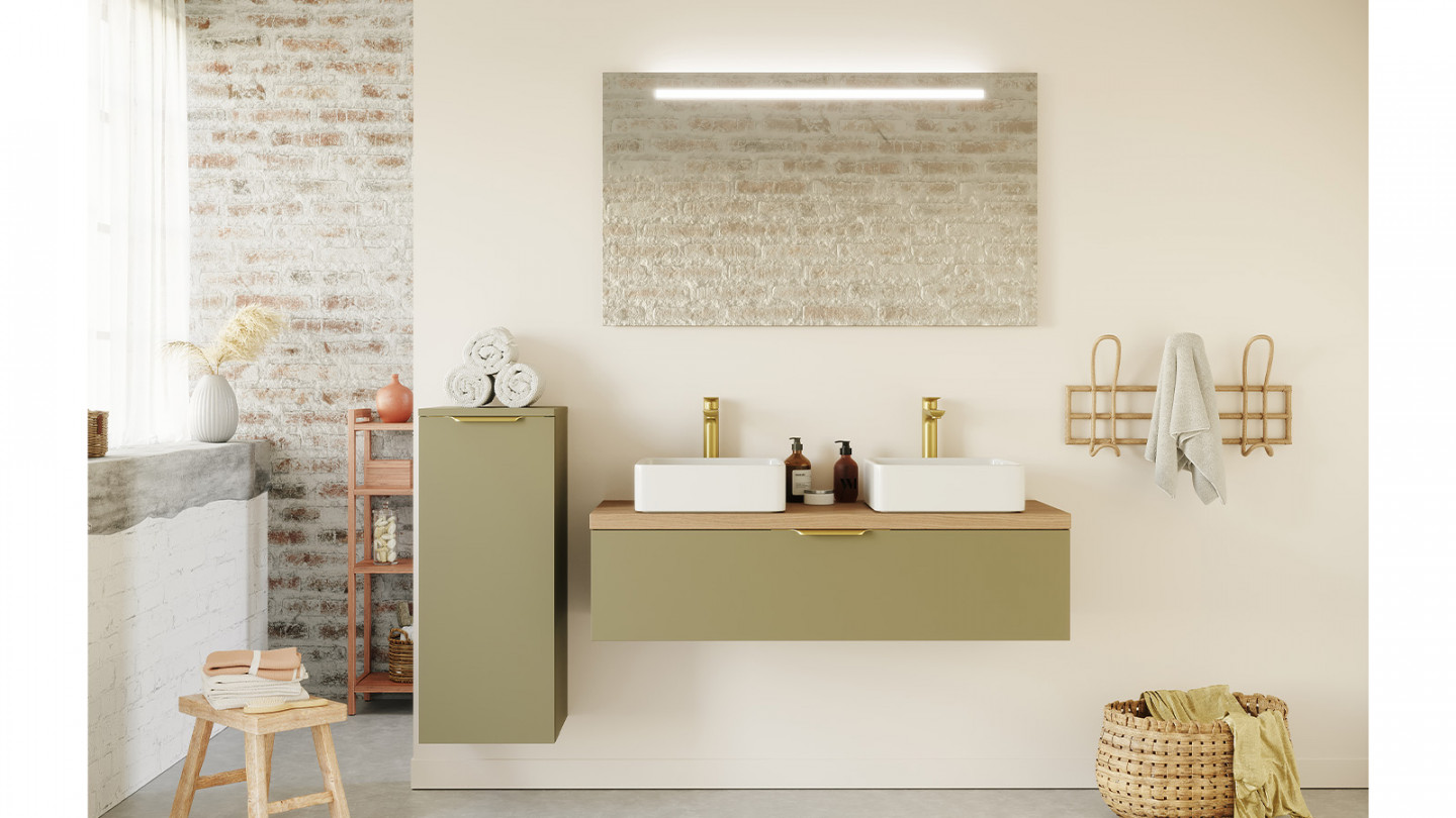 Meuble de salle de bain suspendu 2 vasques à poser 120cm 1 tiroir Vert olive + miroir + colonne ouverture gauche - Swing