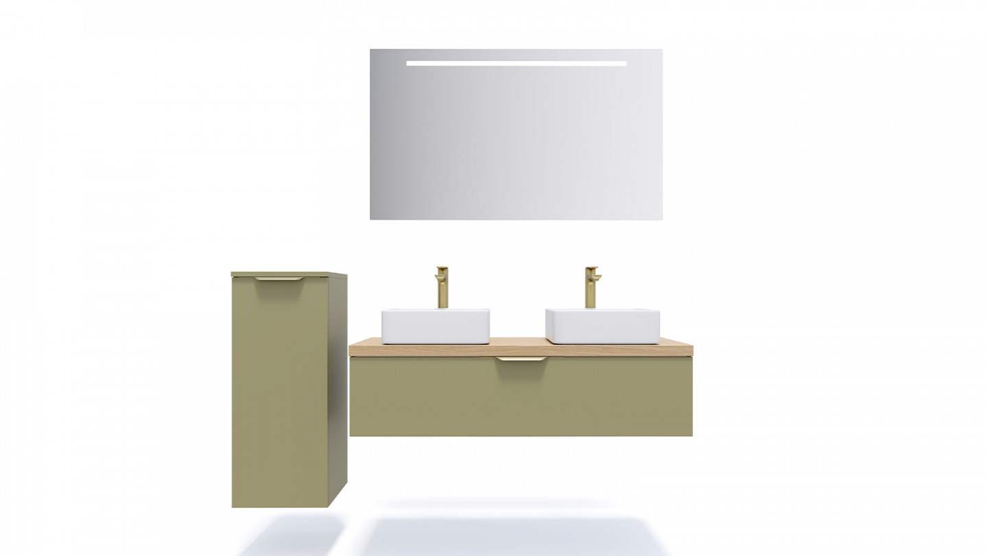 Meuble de salle de bain suspendu 2 vasques à poser 120cm 1 tiroir Vert olive + miroir + colonne ouverture gauche - Swing