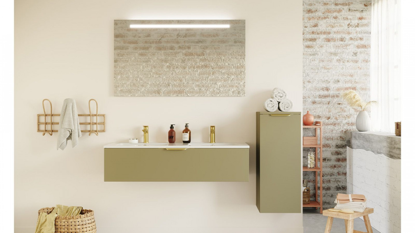 Meuble de salle de bain suspendu double vasque intégrée 120cm 1 tiroir Vert olive + miroir + colonne ouverture droite - Swing